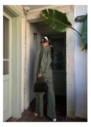 minaaise طقم قميص وسروال من قماش الفيسكوز ذو قصة واسعة مخطط باللون الأخضر للنساء 29046