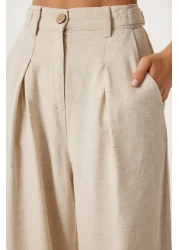 Happiness İstanbul بنطال نسائي واسع الساق من الكتان الكريمي المخلوط MX00211