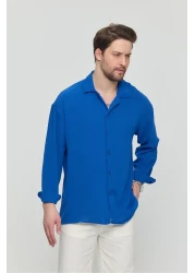 Gray Clothing Men's Indigo Linen Ayrobin Loose Fit Textured Oversize Summer Casual Shirt