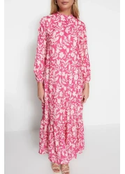  Modest Dark Pink Floral Half Placket Skirt Tip Ruffle Lined Woven Dress TCTSS21EL3353