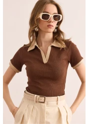 Olalook Women's Brown Beige Polo Neck Color Detailed Stretchy Cotton Blouse Blz- 19002920