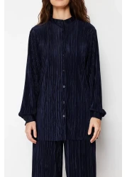  Modest Navy Blue Pleated Knitted Top and Bottom Set TCTSS24US00040