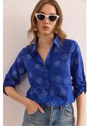 Olalook قميص كتان نسائي من Ivy Saks بأكمام زرقاء GML- 19000825