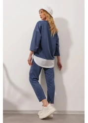 Trend Alaçatı Stili طقم نسائي أزرق بياقة واسعة وخصر مطاطي وجيب مزدوج وخياطة أمامية وخيطين من الأسفل ALC-X8175