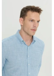 AC&Co / Altınyıldız Classics Men's Green 100% Cotton Slim Fit Slim Fit Hidden Button Collar Linen Look Flame Shirt