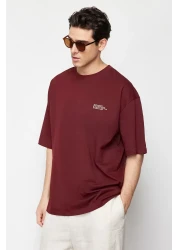  Collection تي شيرت أحمر كلاريت كبير الحجم 100% بياقة دائرية ونص بسيط