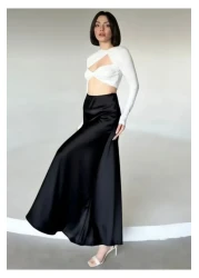 Ezva Women's Stylish Satin Belt Elastic 85 cm Flared Maxi Length Skirt