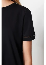  Collection Black 100% Cotton Basic Crew Neck Knitted T-Shirt with Embroidery Detail TWOSS23TS00012