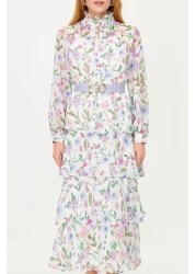  Modest Blue Belted Lined Chiffon Floral Woven Dress TCTSS24EB00024