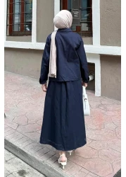 lamelif Pocket Detailed Double Skirt Hijab Suit Navy Blue