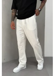 MADZEYMODA بنطلون كتان رجالي أبيض فضفاض KE-7014