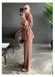 My Blog Brown Shawl Collar Kimono Pants Set - 98655