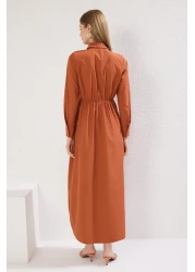  Modest فستان قميص منسوج بتفاصيل لؤلؤ القرفة TCTSS25EB00088