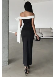  Collection Black-And-White Body-Fitting Shoulder Bow Detail Knitted Stylish Evening Dress Night Graduation Dress Tprss25El00293
