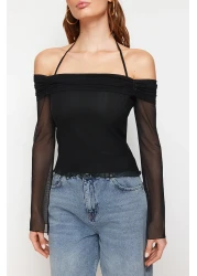  Collection Black Flare Sleeves Lacing Detail Knitted Madonna Neck Blouse Twoss24Bz00046