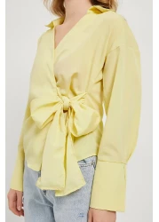 Arma Life Women's Side Tie Double Breasted Collar Tight Yellow Blouse