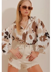 Trend Alaçatı Stili Women's Beige Princess Ethnic Patterned Flaming Linen Woven Shirt ALC-X10398