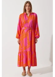 Happiness İstanbul Women's Orange Belted Oversize Summer Viscose Dress ZH00034