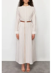  Modest Beige Striped Belt Detailed Woven Dress TCTSS24EB00171