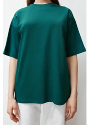  Collection Emerald Green 100% Cotton Back Slogan Printed Oversize/Wide Fit Knitted T-Shirt TWOSS24TS00091