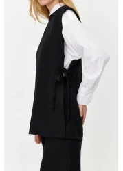  Modest Black Linen Look Side Tie Woven Bottom Top Set TCTSS24US0001