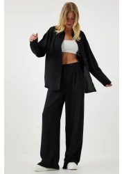 Happiness İstanbul Women's Black Seasonal Woven Shirt Palazzo Trousers Set RV00174