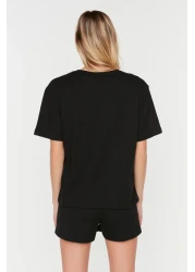  Collection Black Waffle Fabric Knitted Pajamas Set with Shorts Thmss22Pt0524