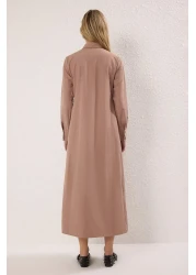  Modest Camel Double Breasted Closure Pleated Cotton Woven Dress Tctss25Eb00065