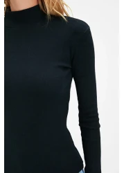  Collection Black Fitted High Collar Long Sleeve Ribbed Stretchy Knitted Blouse TWOAW21BZ0423