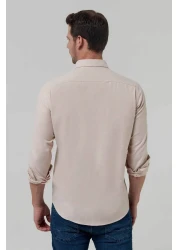 D'S Damat قميص أكسفورد قطني بيج بقصة ضيقة - سهل الكي وياقة بأزرار وتفاصيل مطرزة