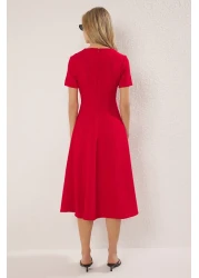  Collection Red Skirt Waist Opening Midi Woven Dress Twoss25El00790