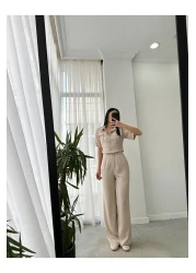 butik derin Cotas Linen Shirt Jacket Trousers Women's Set Stone