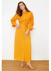  Modest Orange Belted Sleeves Adjustable Detail Button Cotton Woven Shirt Dress Tctss23Eb00365