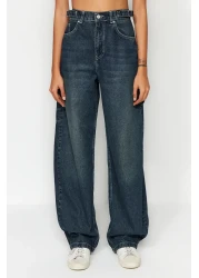  Collection جينز كاربنتر باللون الأزرق الداكن عالي الخصر - قصة فضفاضة مع تأثير الغسيل TWOAW24JE00308