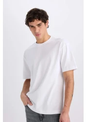 Defacto Oversize Wide Fit Crew Neck Basic Plain Short Sleeve White T-Shirt E6885Axns