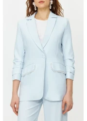  Modest Blue Pearl Detailed Crepe Jacket Trousers Woven Bottom Top Set TCTSS24US00011