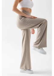 CNRCollection بنطال ضيق نسائي من القماش المشروط ذو اللون الحجري ذو مقاس واسع