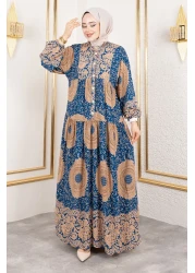 Tesettür Dünyası فستان فيسكوز منقوش بالورق TSD250191 نيلي
