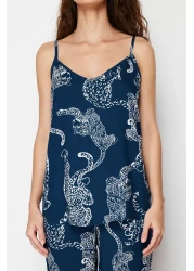  Collection Navy Blue Tiger Patterned Rope Strap Viscose Woven Pajamas Set Thmss24Pt00127