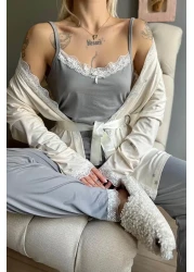 Pijamaevi Cream Gray Star Patterned Bamboo Dressing Gown Women's Pajama Set