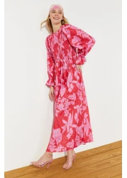  Modest Red Floral Printed Plus Size Elastic Woven Dress TCTSS24EB00109