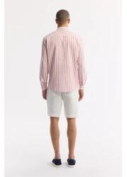 Avva Men's Red Comfort Fit 100% Cotton Button Collar Linen Textured Striped Shirt A51Y2167