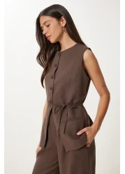 Happiness İstanbul بدلة بنطلون نسائية من الكتان بتفاصيل ربط باللون البني NO00026