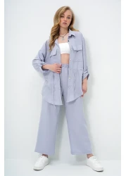 Trend Alaçatı Stili بدلة سفاري نسائية رمادية بجيب مزدوج وبنطلون Aerobin واسع الساق بخصر مطاطي Ymx8448