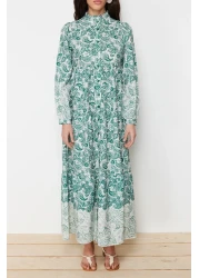  Modest Blue Ethnic Patterned Prevailing Collar Linen Look Woven Shirt Dress TCTSS23EB00286