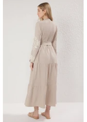  Modest Stone Linen Look Woven Dress with Handle Embroidery Detail Tctss25Eb00116