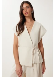 Happiness İstanbul بدلة بنطلون نسائية من الكتان الكريمي NO00020