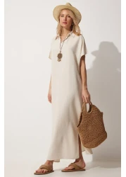 Happiness İstanbul فستان كتان صيفي طويل بقلادة كريمية للنساء ZH00015