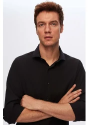 D'S Damat Black Slim Fit - Italian Collar Dobby Long Sleeve Easy to Iron Breathable Four Seasons