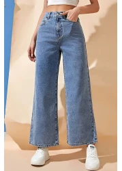 Trn JNS بنطلون جينز نسائي من الليكرا فضفاض باللون الأزرق الفاتح وخصر عالي فضفاض من قماش الدنيم